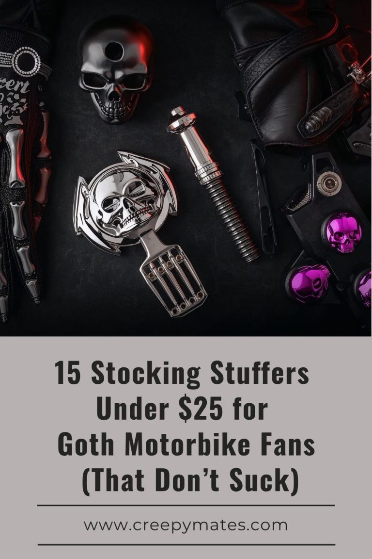 Gothic motorcycle accessories with skull ornaments, black gloves, chrome parts.
