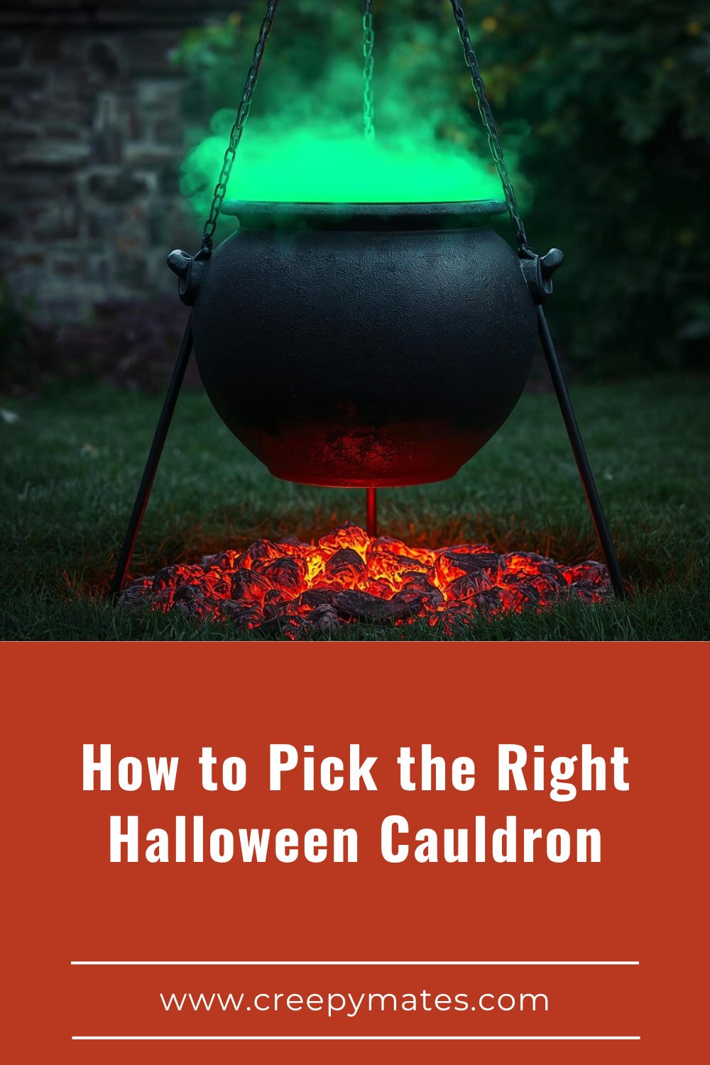 A black witch cauldron hanging over glowing coals with bright green smoke rising.