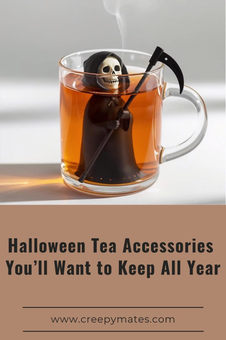 A small Grim Reaper figurine holding a scythe floats inside a glass cup filled with hot tea.