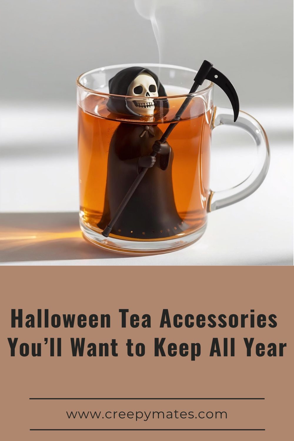 A small Grim Reaper figurine holding a scythe floats inside a glass cup filled with hot tea.