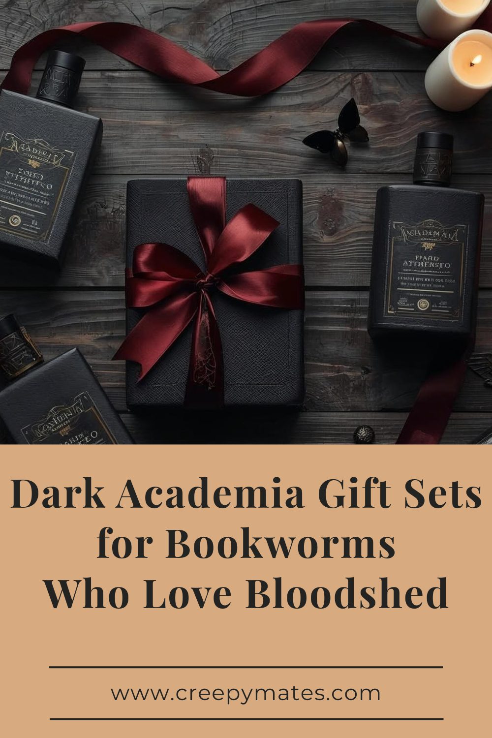 A flat lay of black gift boxes with red ribbons, gothic-style bottles, candles on a wooden table.