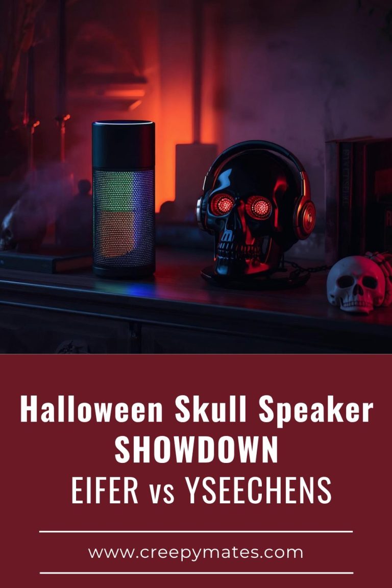 A black skull with red glowing eyes and headphones next to a rainbow LED speaker on a dark shelf.