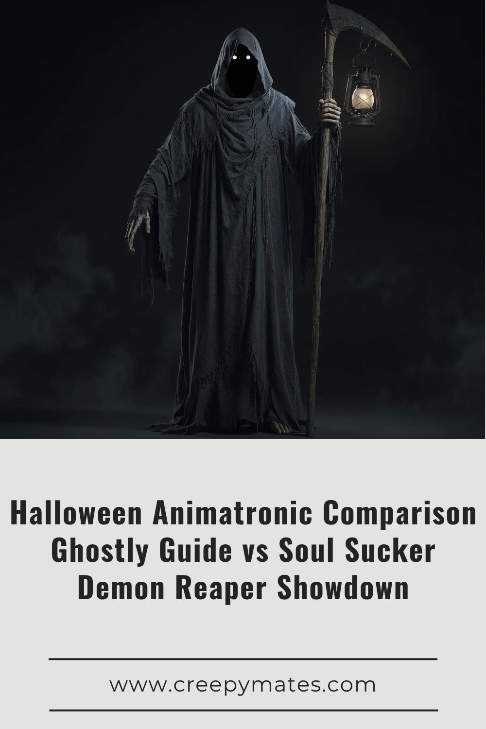 A Grim Reaper figure in a black tattered cloak holding a scythe and lantern, with glowing white eyes.