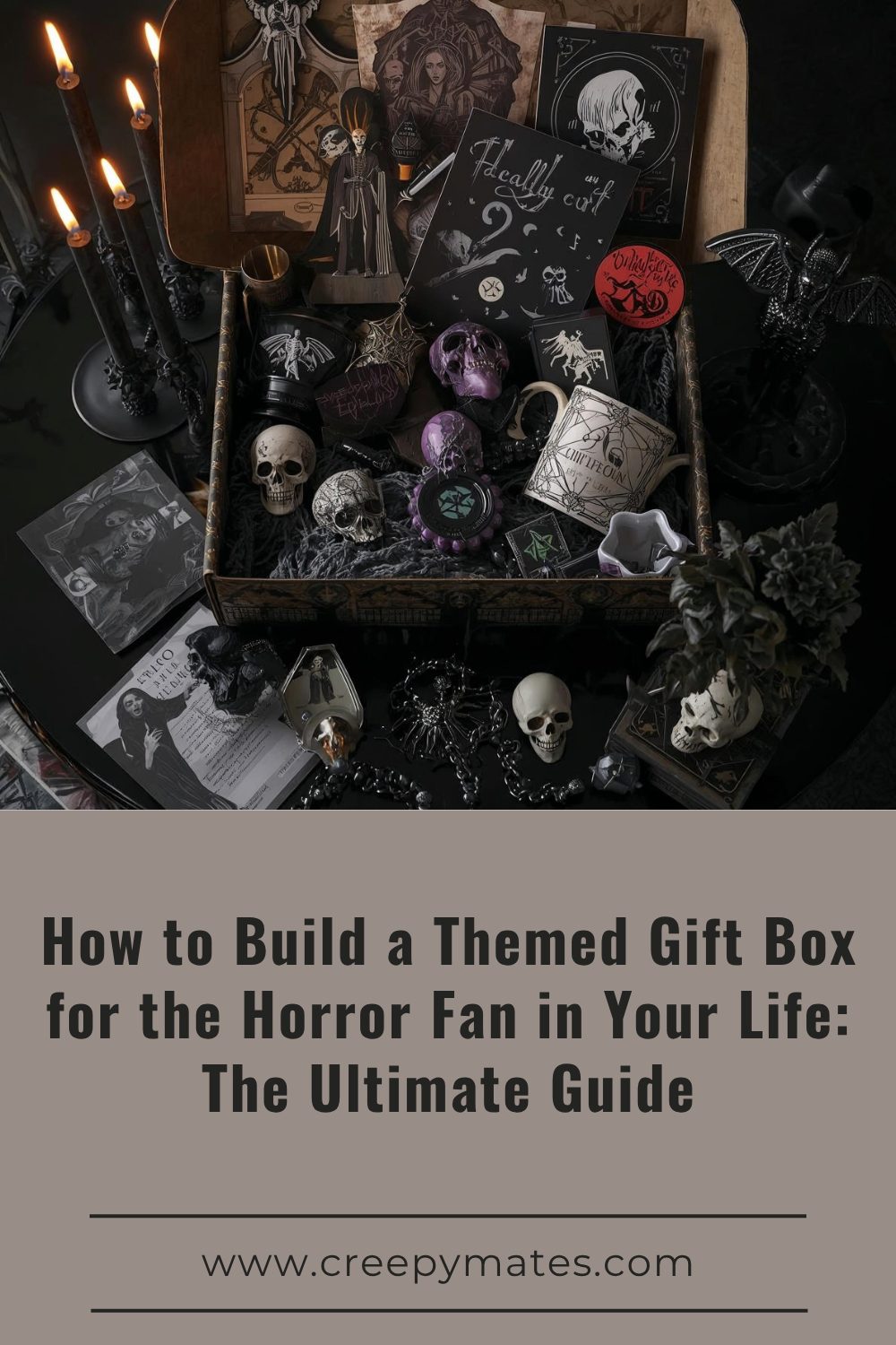 Gothic box with skulls, candles, tarot cards, dark mugs, and spooky collectibles in a dimly lit setting.
