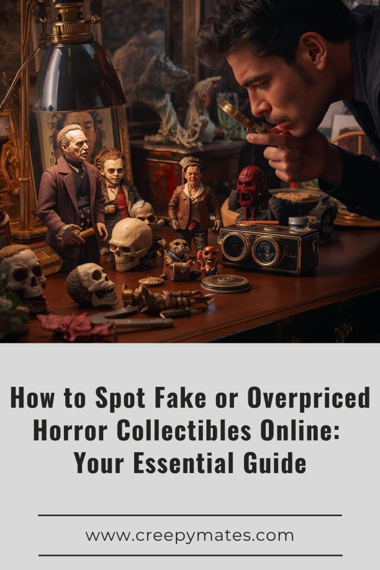 A man inspecting horror collectibles with a magnifying glass, checking for fake or overpriced items.