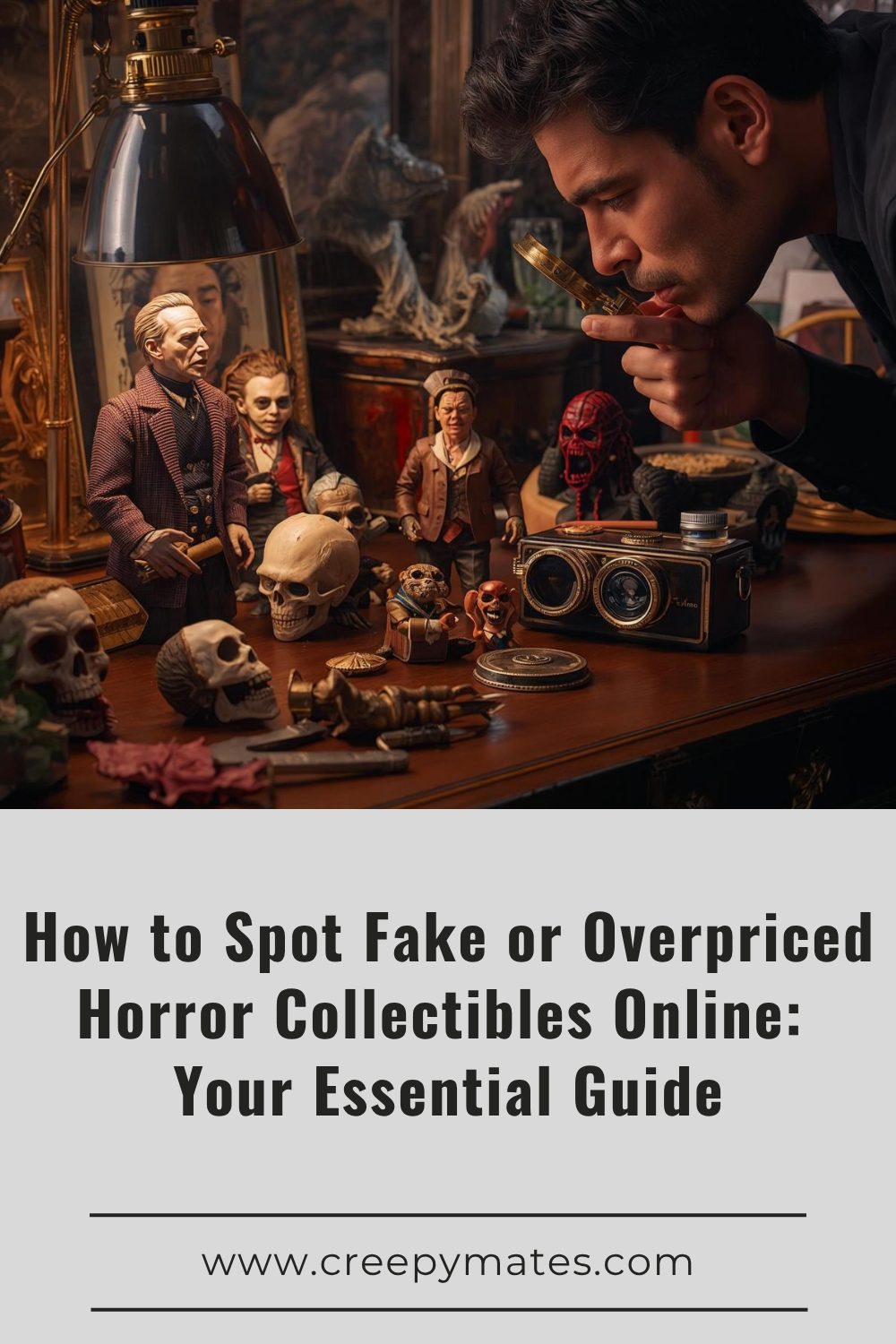 A man inspecting horror collectibles with a magnifying glass, checking for fake or overpriced items.