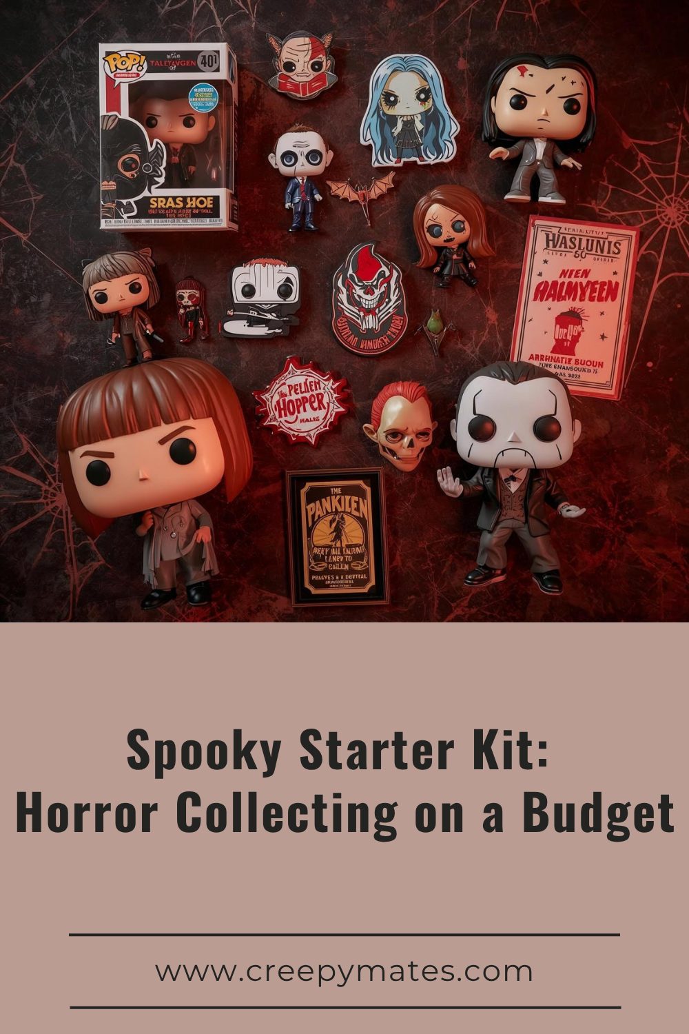 A flat lay of horror Funko Pop figures, pins, and stickers on a spiderweb background.