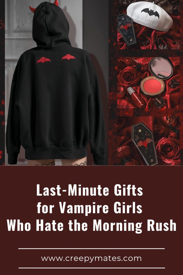 Black hoodie with red bat wings and devil horns next to gothic red makeup and accessories.