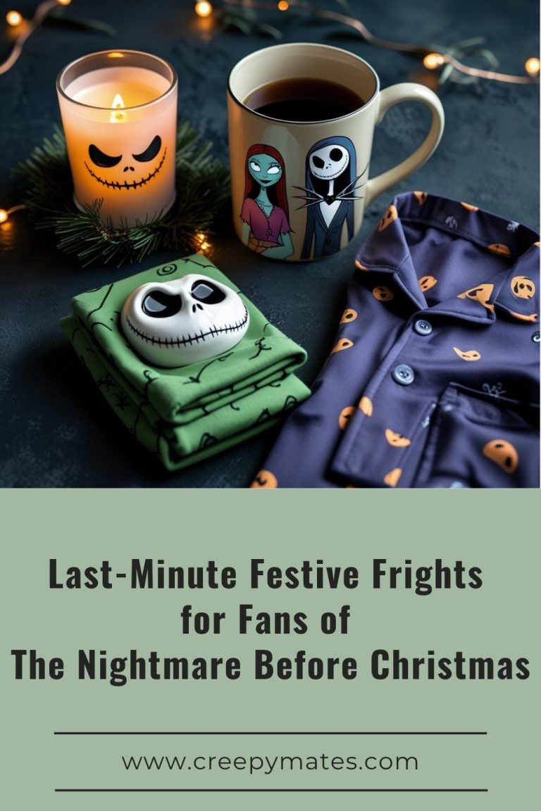 A candle, mug, green shirt, and pajamas featuring characters from The Nightmare Before Christmas