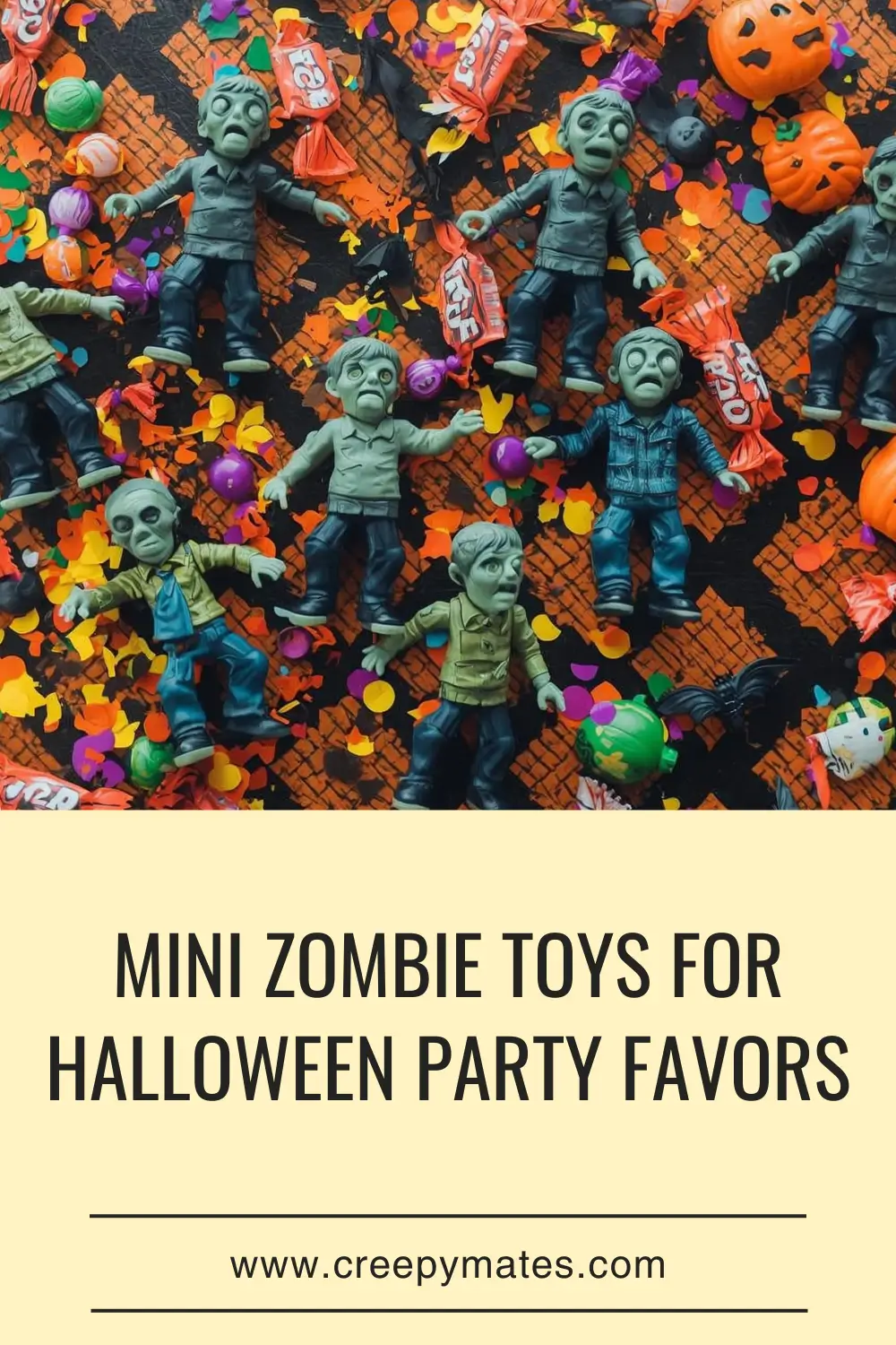 Zombie figures scattered on a Halloween-themed surface with candies, pumpkins around.