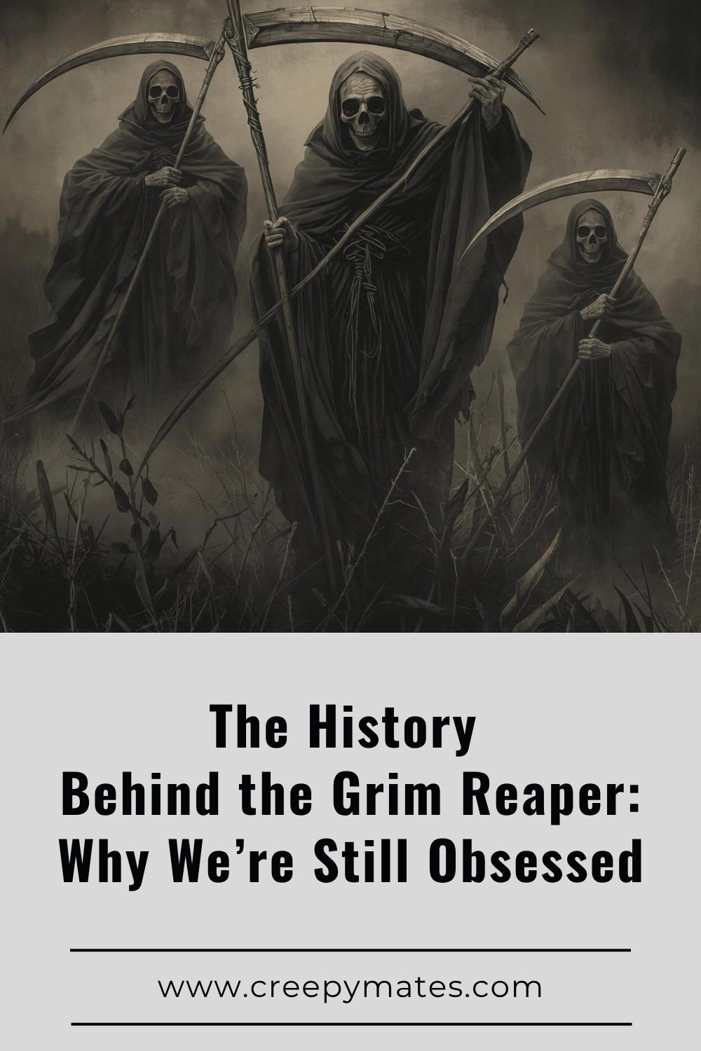 Three Grim Reapers in dark hooded robes holding scythes stand in a foggy, desolate field.