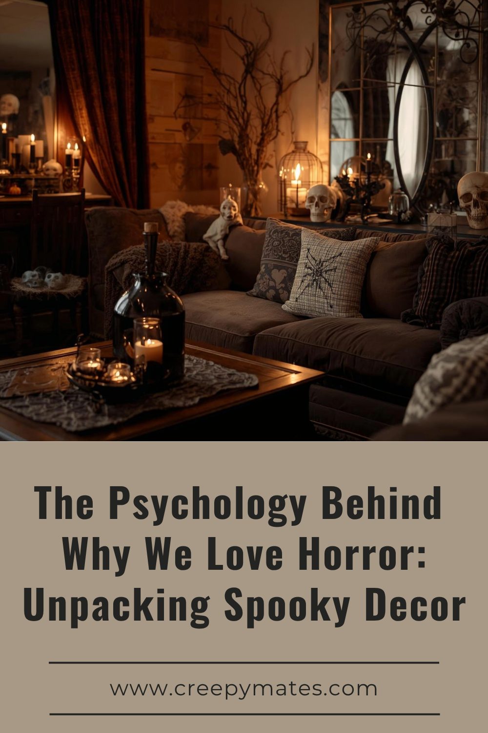 A living room with Halloween decor, warm lighting, black candles, vintage mirrors, and skull accents.