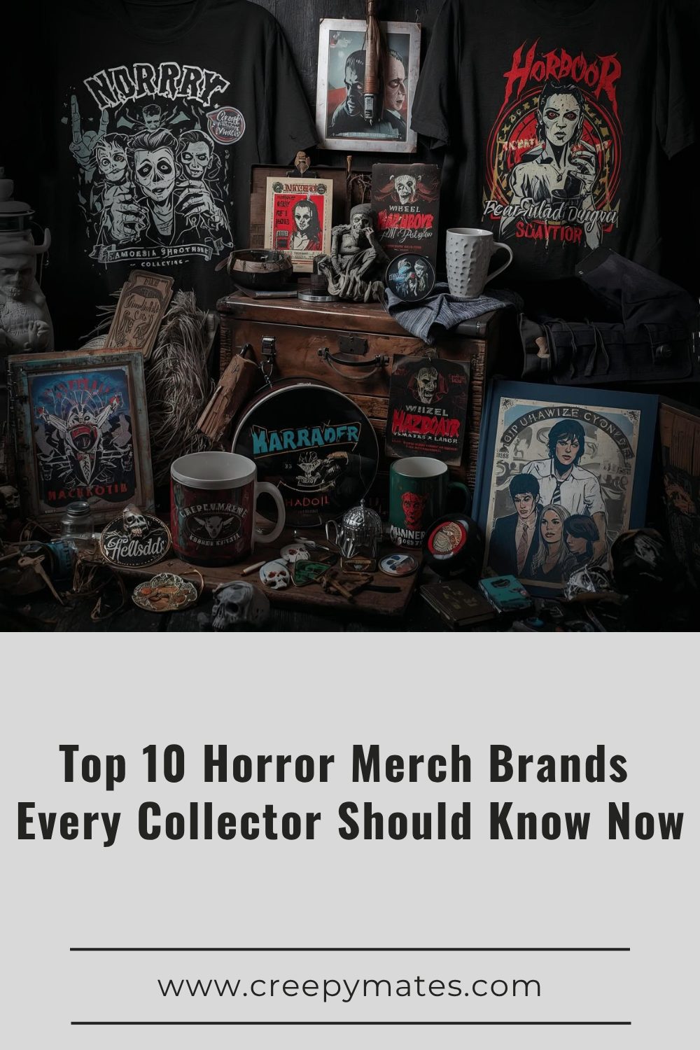 Horror-themed flat lay with vintage posters, graphic T-shirts, mugs, and collectibles arranged in a room.