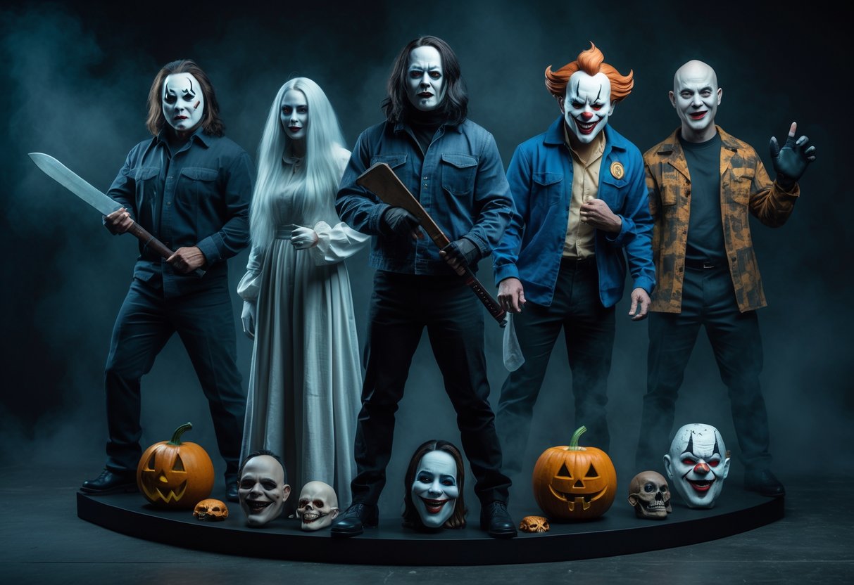 Five famous horror characters standing together surrounded by their themed merchandise like masks, action figures, and posters in a dark, foggy setting.
