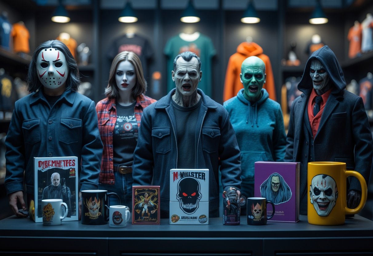 Five iconic horror characters displayed with various themed merchandise like clothing, mugs, and collectibles on a well-lit shelf.