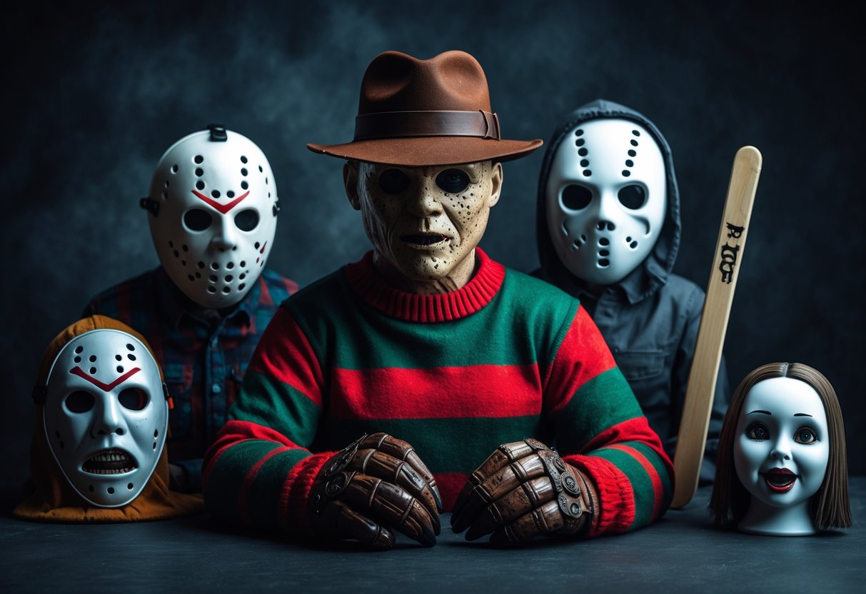 A dark scene showing a collection of five iconic horror character elements, including Freddy Krueger's sweater, hat, and bladed glove, along with other horror-themed items arranged together.