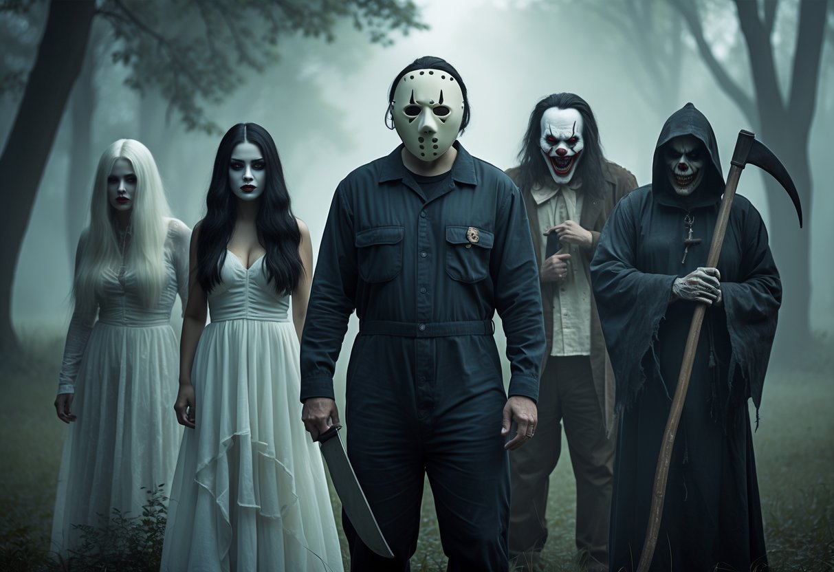 Five iconic horror characters in costumes standing in a foggy forest clearing at night.