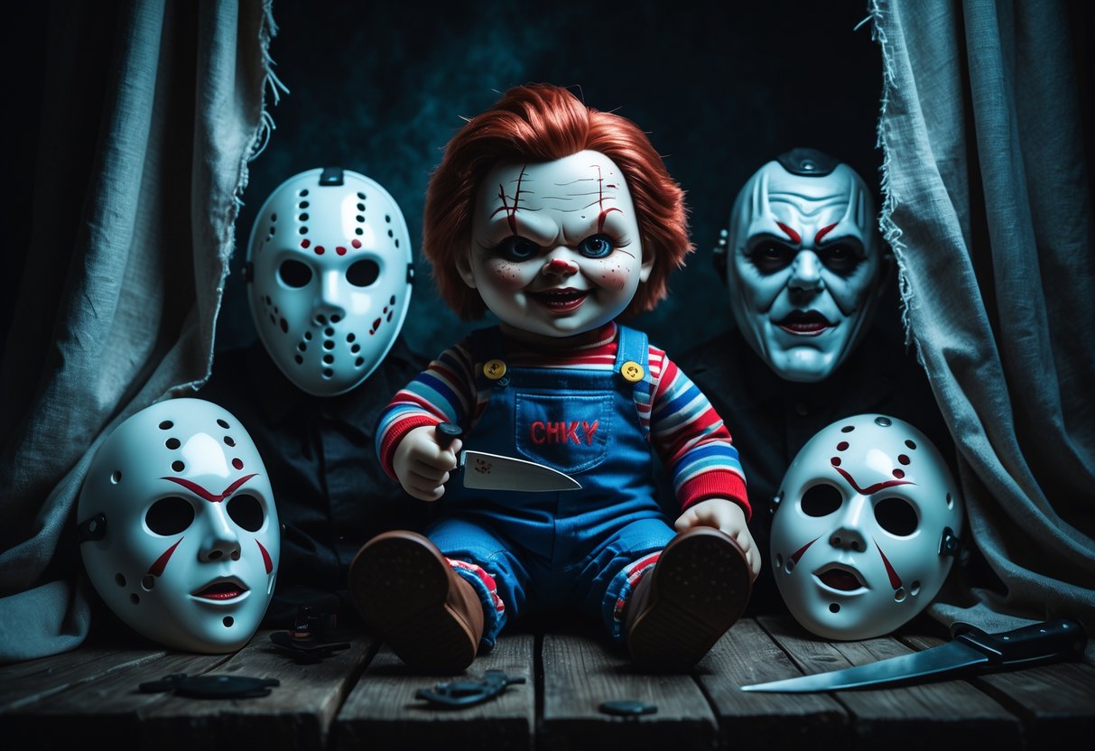 A detailed scene showing five horror-themed figures and related merchandise arranged on a wooden table with dark, moody lighting.