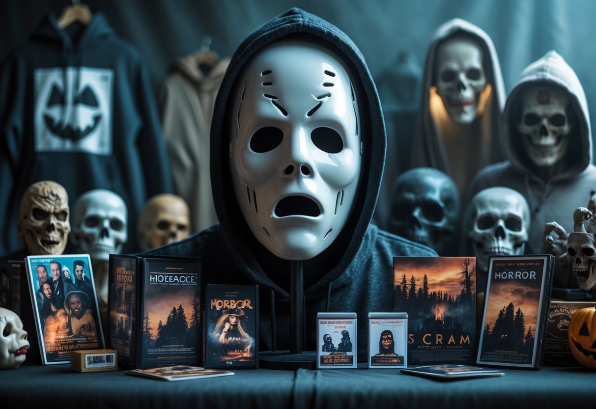 A Ghostface mask displayed on a mannequin head surrounded by horror-themed collectible items and apparel.