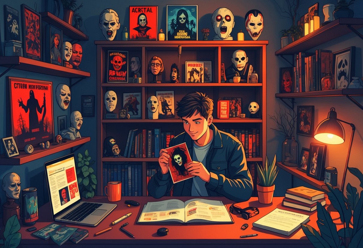 A person in a cozy room surrounded by horror collectibles like figures, posters, and masks, looking at a figurine with shelves of affordable items and a laptop nearby.