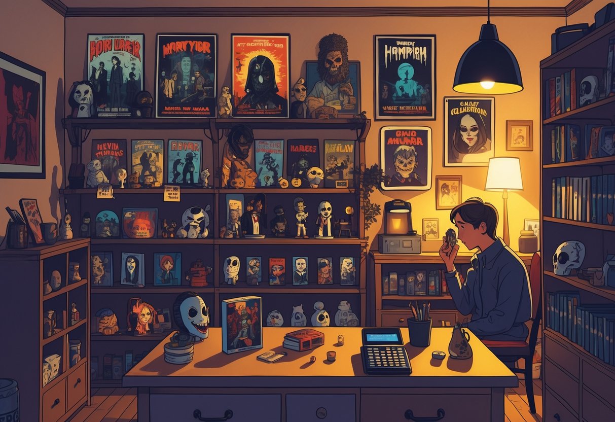 A person in a cozy room surrounded by horror collectibles like posters, action figures, and masks, thoughtfully examining an item with shelves and a calculator nearby.