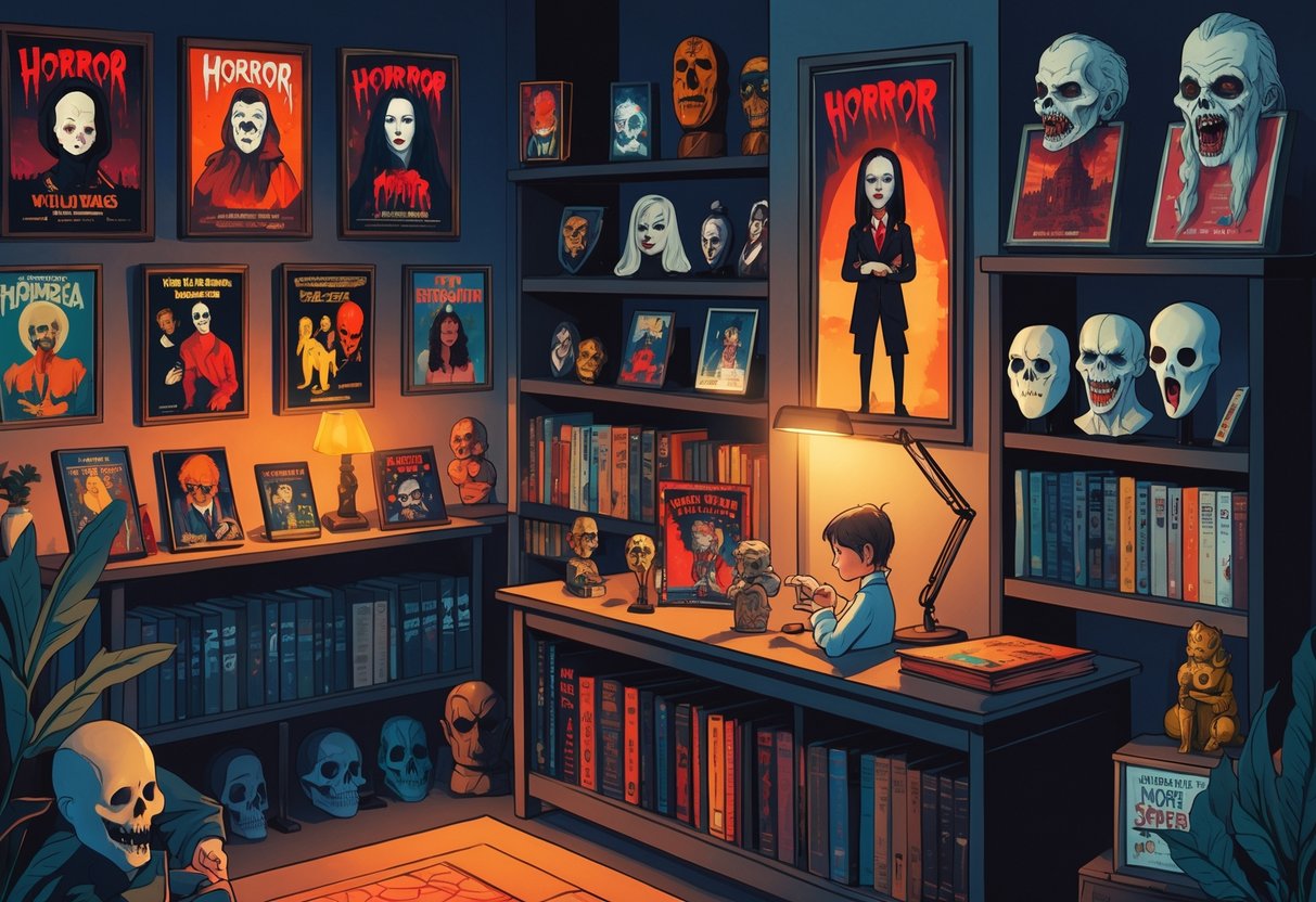 A person examining a diverse collection of horror memorabilia including posters, figurines, books, and masks displayed on shelves and a table.