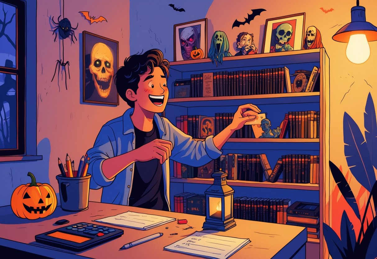 A person arranging affordable horror collectibles like DVDs, figurines, and books in a cozy room with warm lighting and budget planning materials nearby.