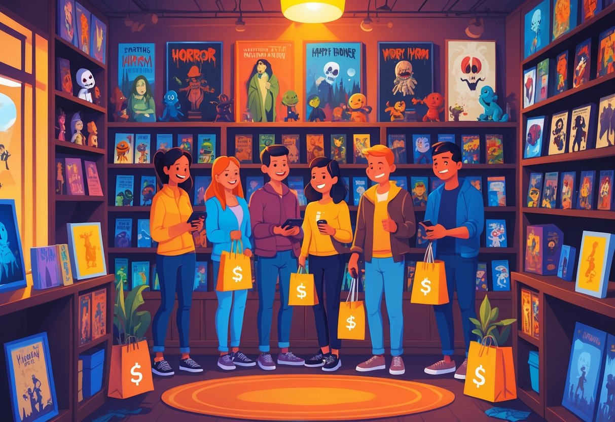 People happily shopping for affordable horror collectibles in a cozy store filled with horror figurines, DVDs, and posters.