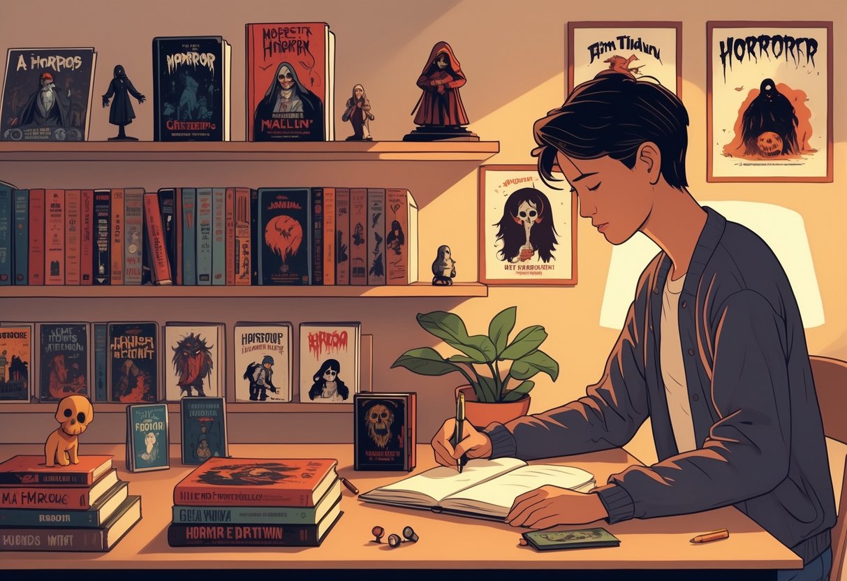 A person organizing a growing collection of horror-themed items like books, DVDs, and figurines in a cozy, well-lit room.