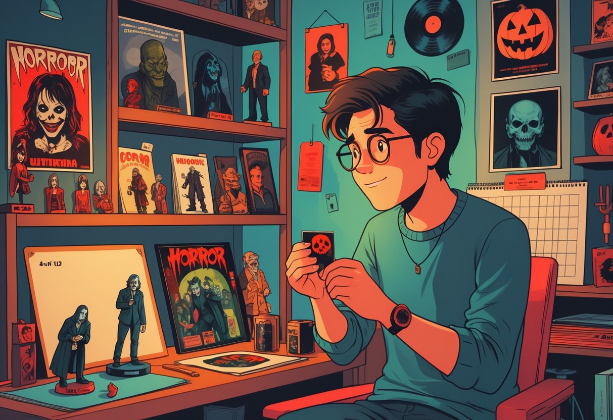 A person in a cozy room looking at a variety of horror collectibles, including action figures and posters, with a mix of affordable and rare items displayed around them.