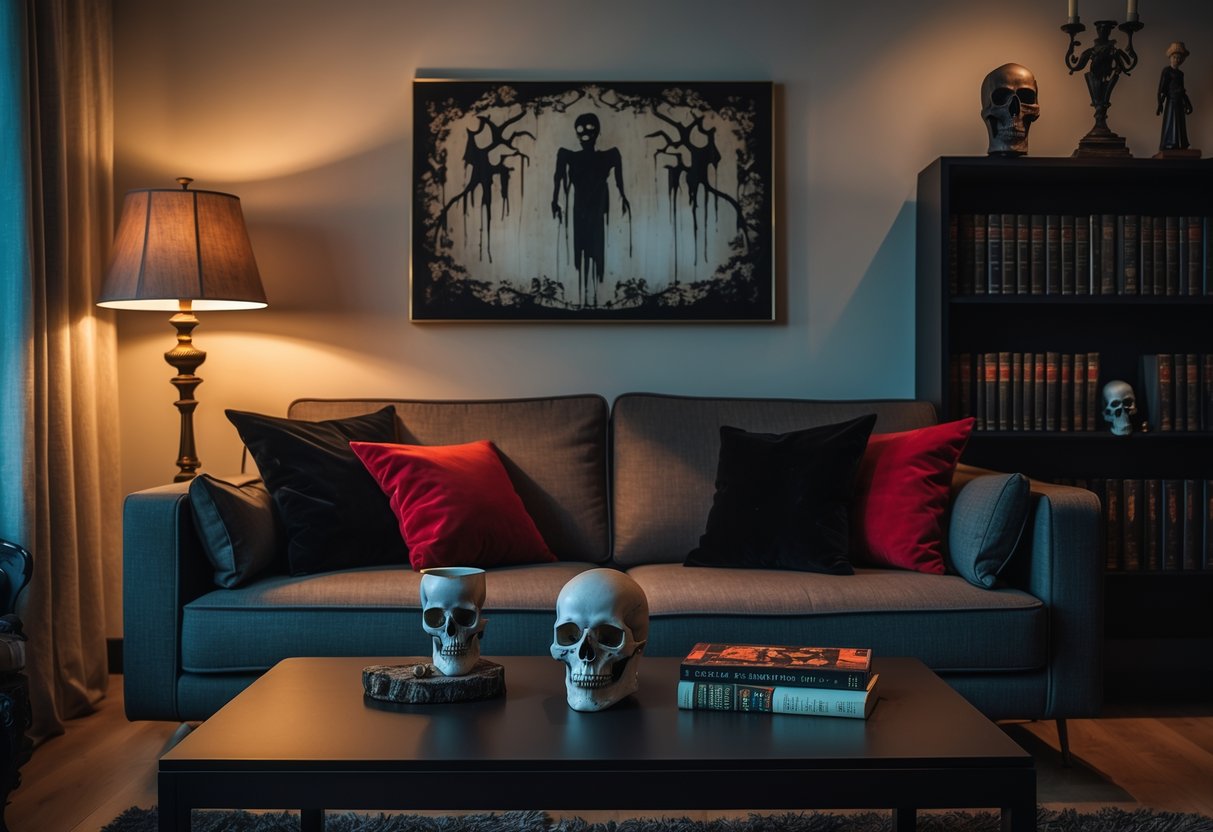 A cozy living room with dark cushions, a skull-shaped candleholder, horror novels on a bookshelf, and a framed eerie abstract painting on the wall.
