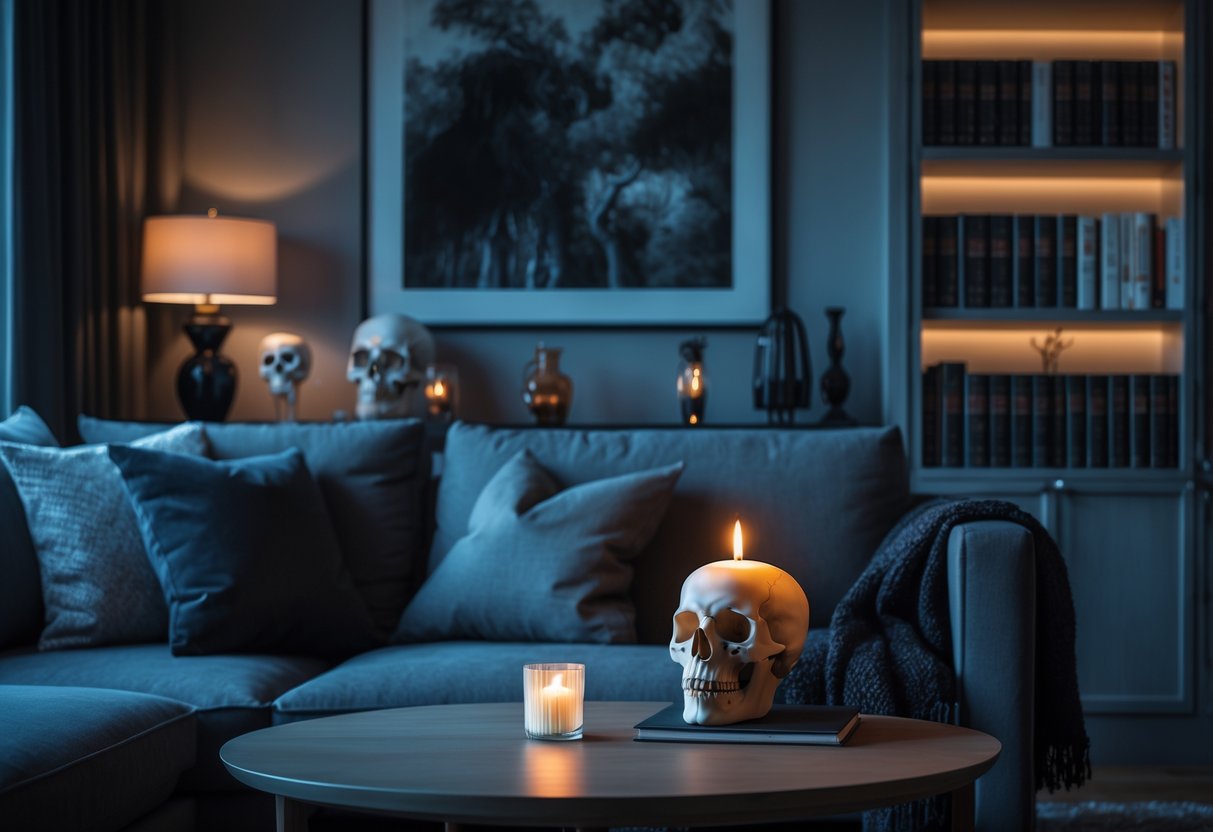 A modern living room with subtle horror-themed decorations like a skull-shaped candle and classic horror books on a shelf.