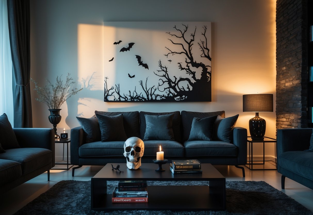 A modern living room with a cozy sofa, dark cushions, horror-themed decor items like a skull sculpture and candle holder, and abstract gothic wall art creating a subtle eerie atmosphere.