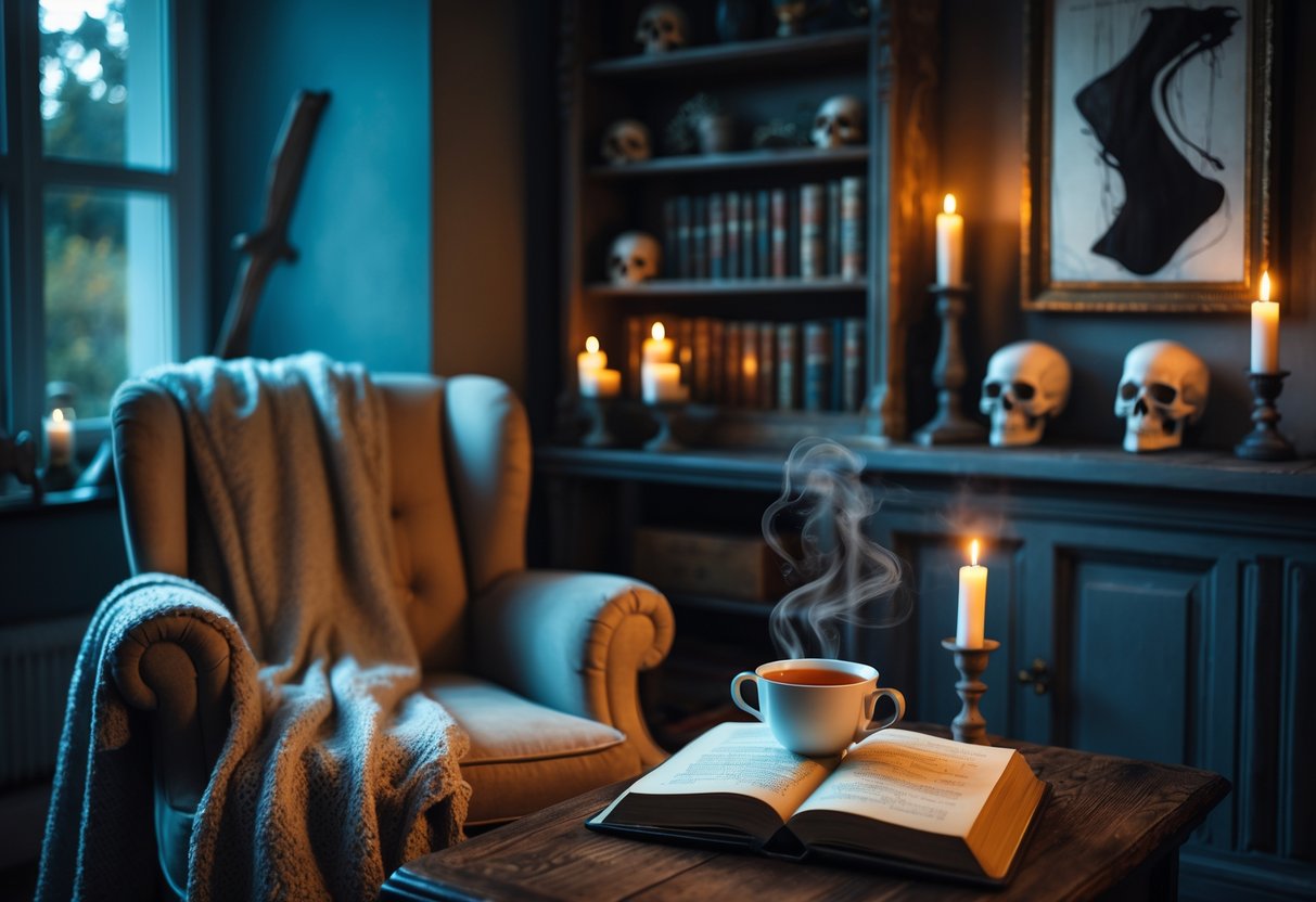 A cozy living room with warm lighting, featuring a comfortable armchair, a bookshelf with books and small skull decorations, a wooden side table with a cup of tea, and softly glowing candles creating a mysterious atmosphere.