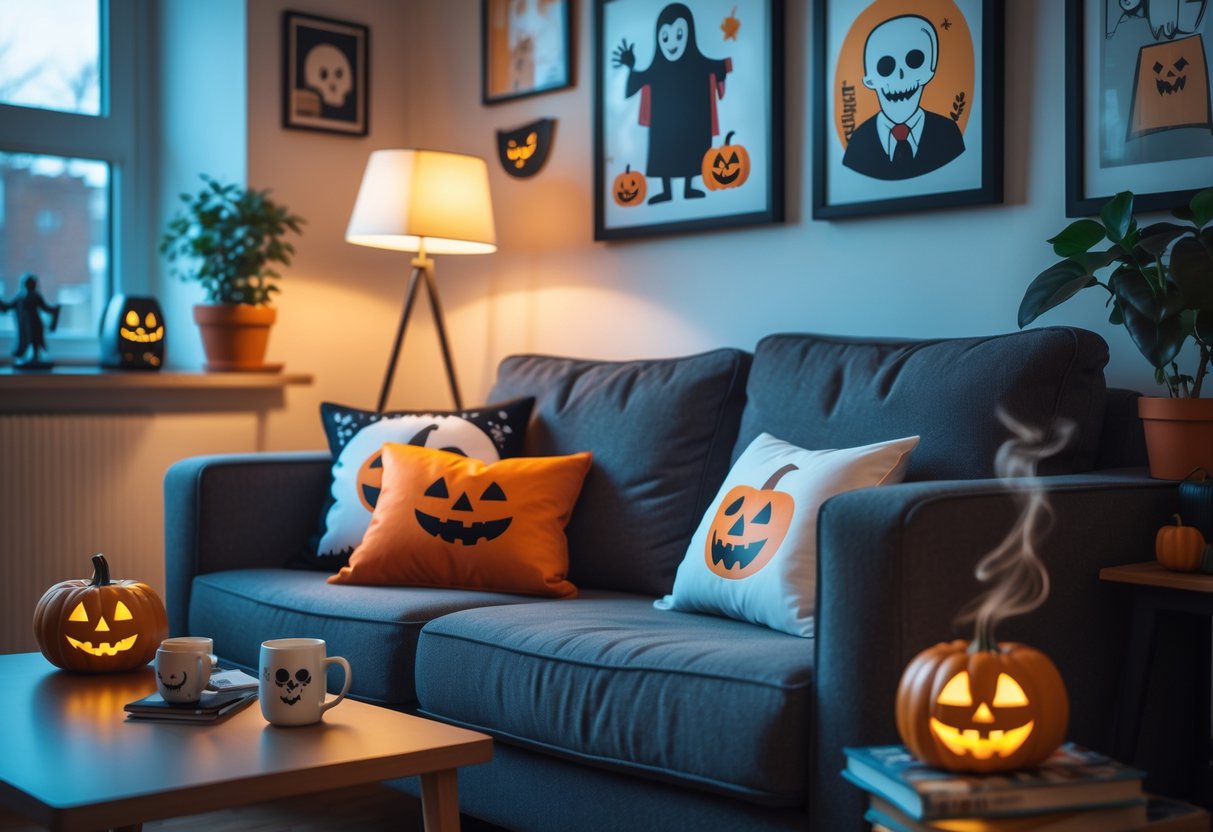 A cozy living room decorated with playful Halloween-themed cushions, quirky horror books, framed spooky and whimsical artwork, and a small smiling jack-o'-lantern on a shelf.