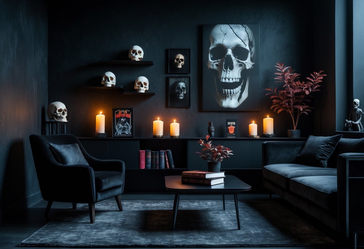 A dimly lit living room decorated with dark colors, horror-themed art, skull sculptures, candles, and vintage horror books on a coffee table.