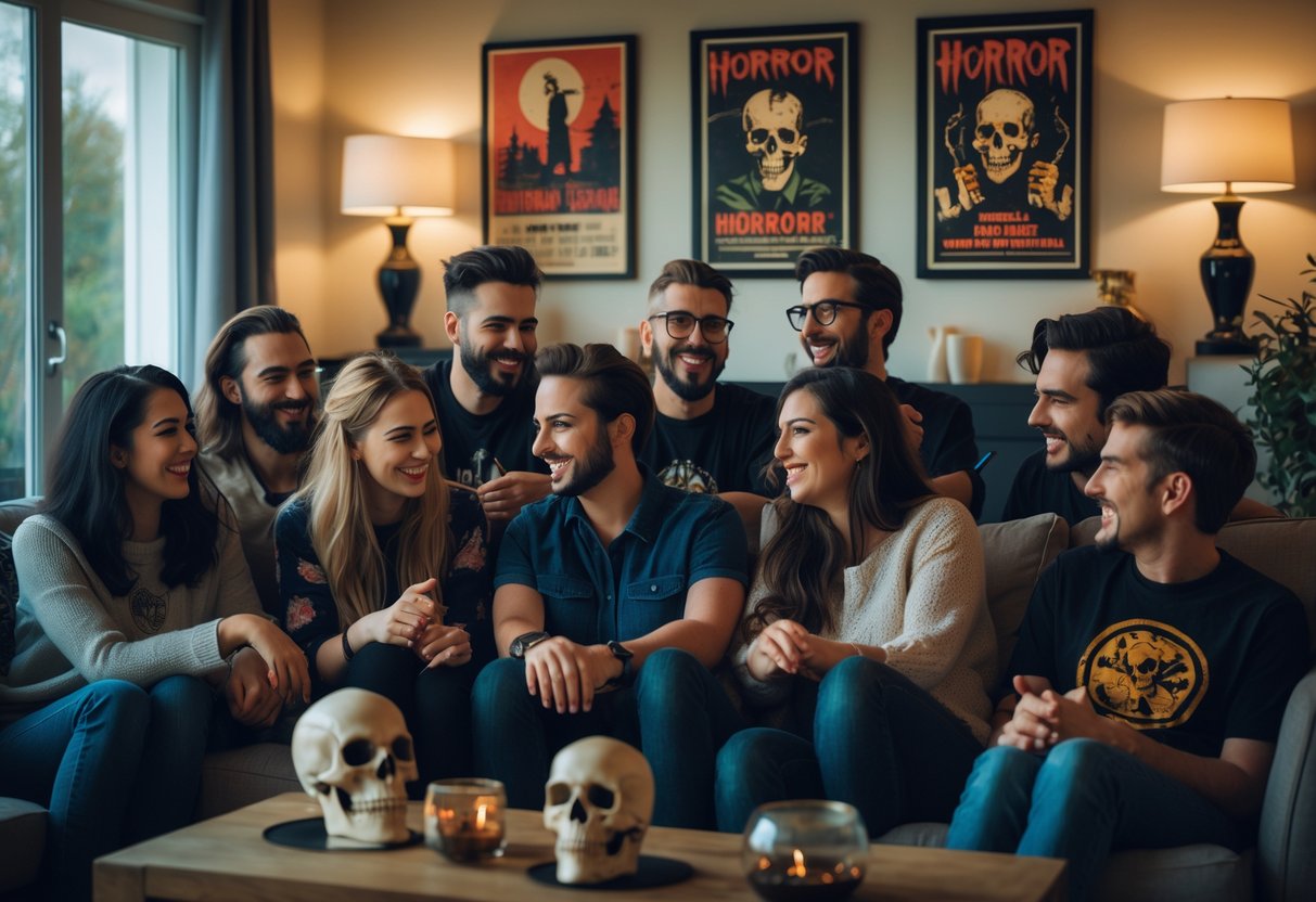A group of people sitting together in a living room decorated with subtle horror-themed items, enjoying each other's company.