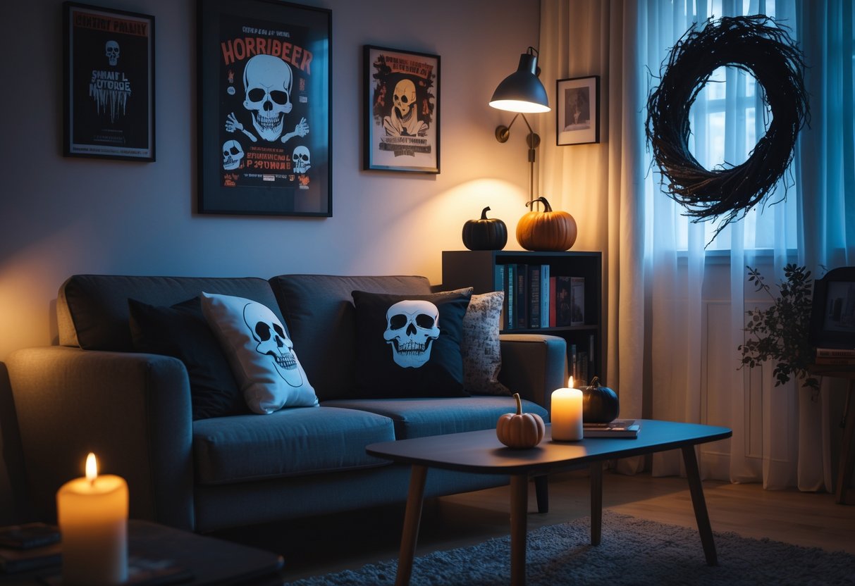 A cozy living room with subtle horror-themed decorations including skull-patterned pillows, vintage horror artwork, a candlelit coffee table, and a decorative pumpkin.