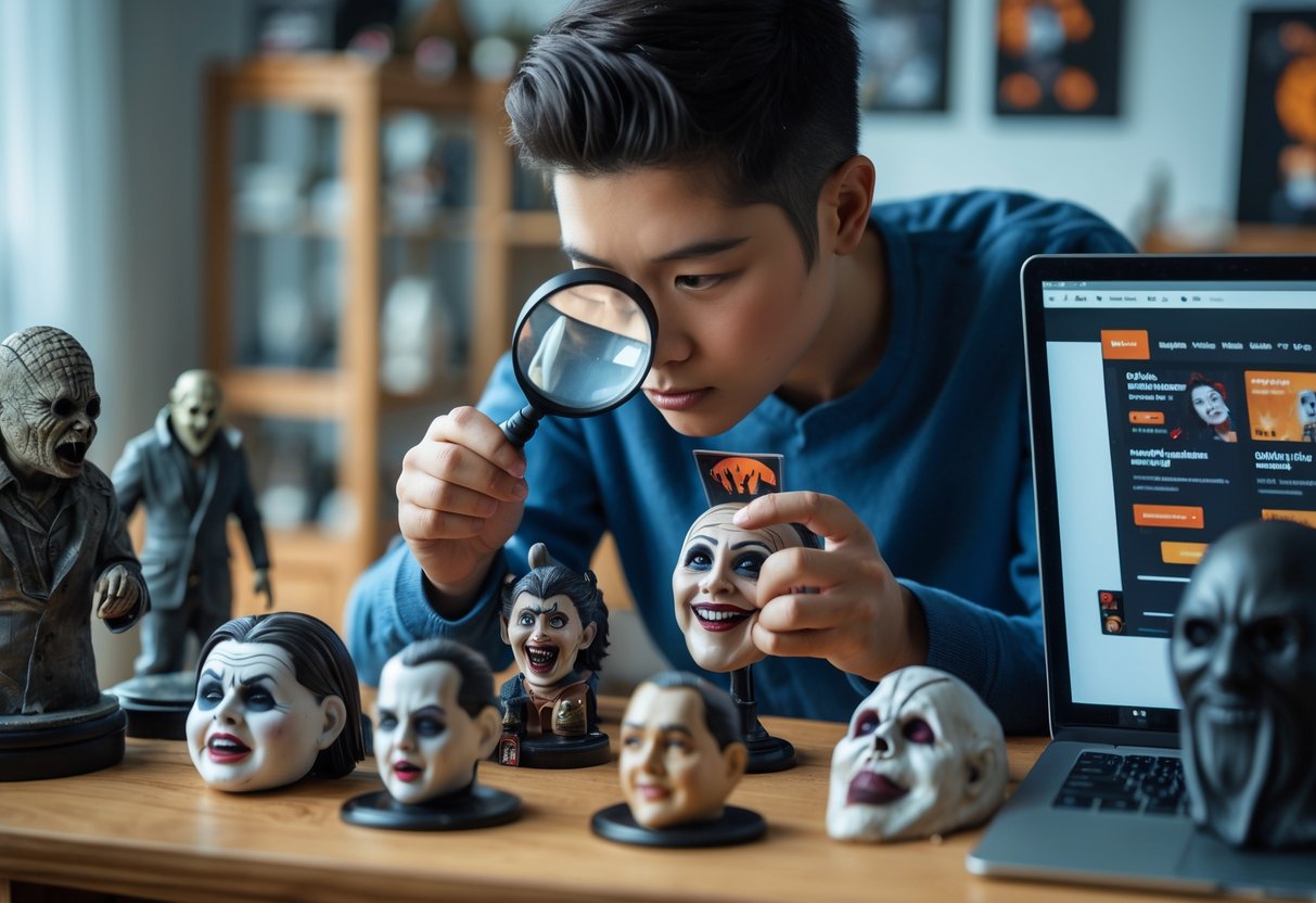 A person closely inspecting horror collectibles on a table with a magnifying glass while a laptop shows an online marketplace in the background.