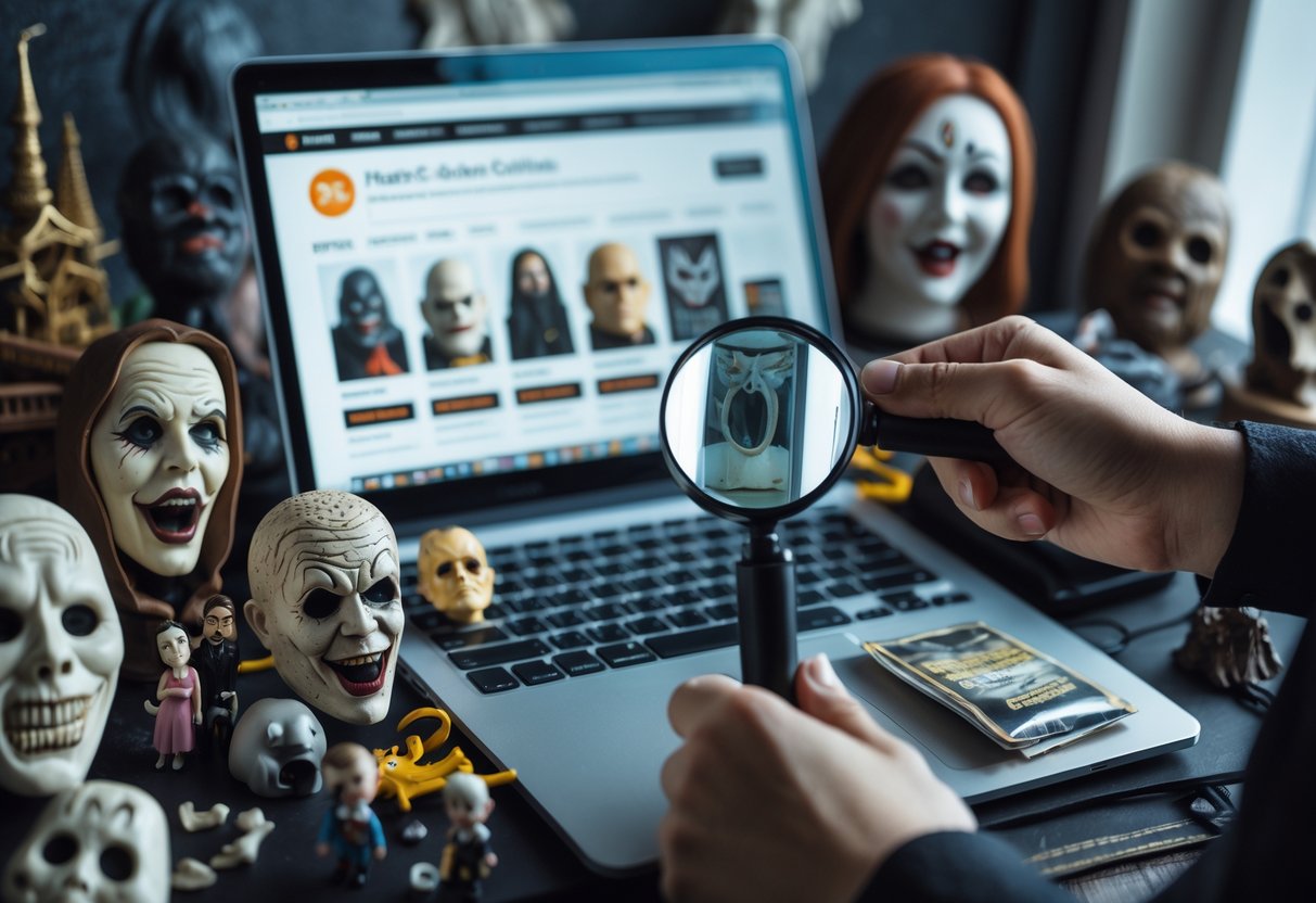 A desk with horror collectibles, including figurines and masks, some authentic and some fake, a hand holding a magnifying glass over a fake item, and a laptop showing an online marketplace.