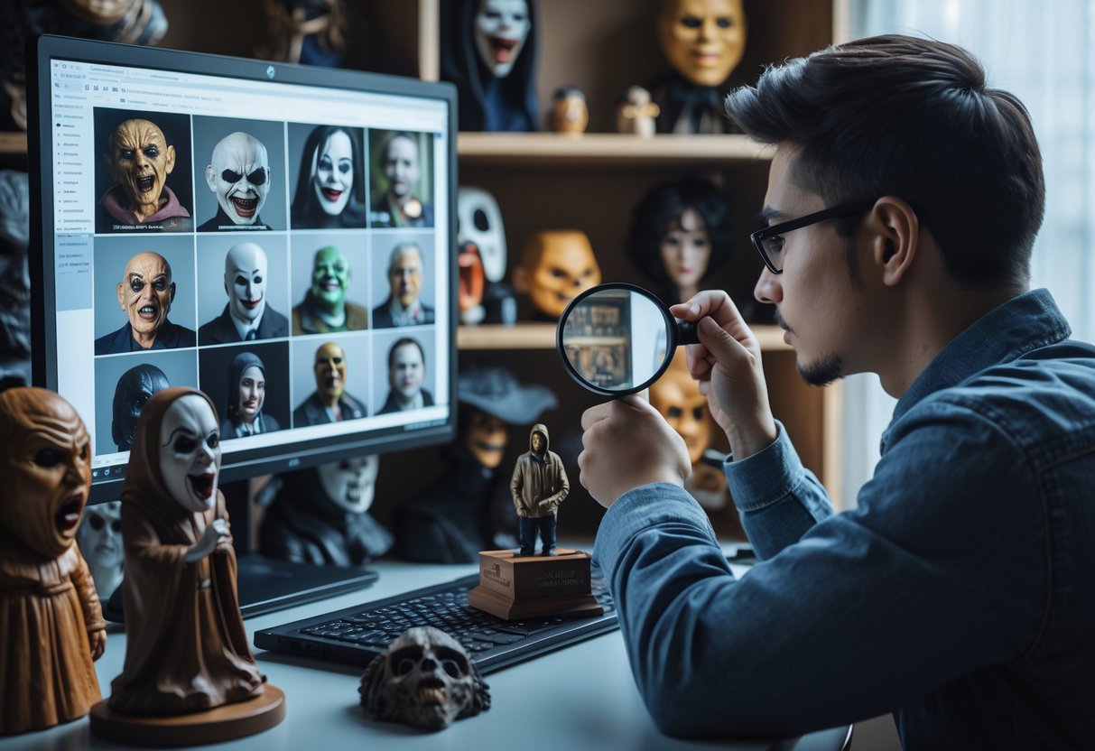 Person examining horror collectibles on a desk and computer screen, using a magnifying glass to inspect a figurine.