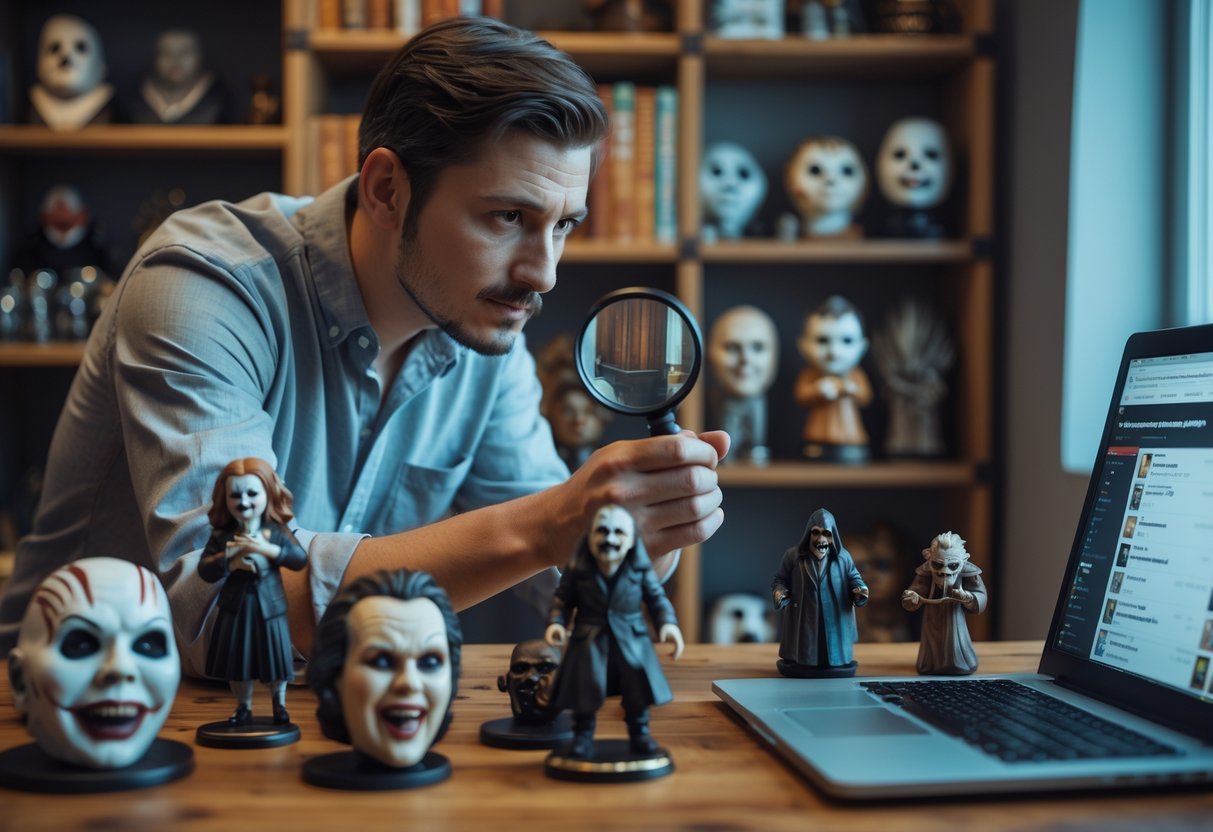A person closely examining horror collectibles on a table with a magnifying glass, surrounded by various horror items and a laptop showing online listings.