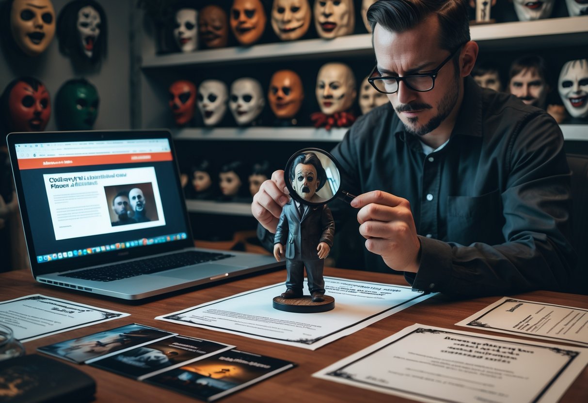 Hands examining a vintage horror collectible figurine with a magnifying glass on a desk surrounded by documents and a laptop, with shelves of horror memorabilia in the background.