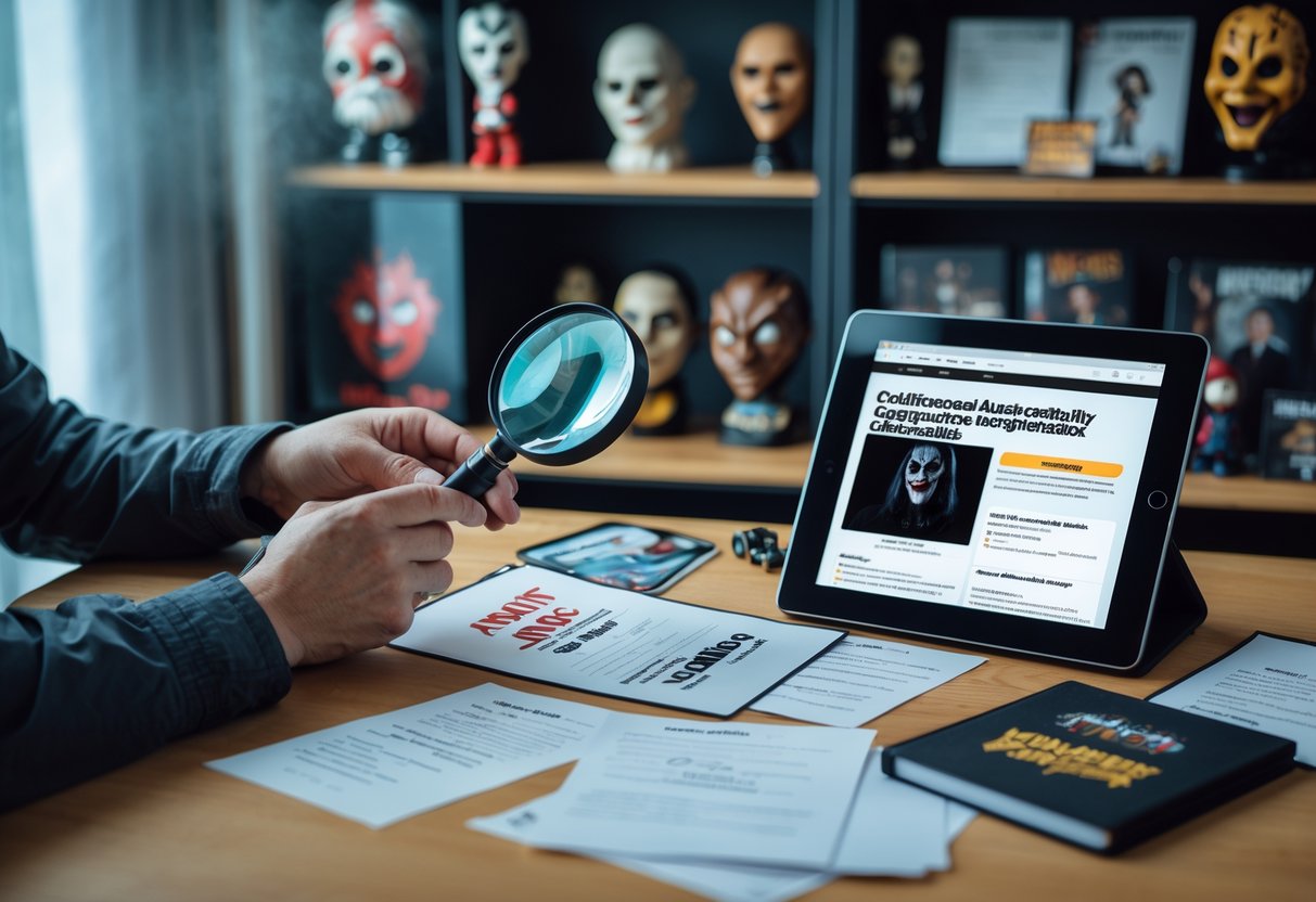 Person closely examining a horror collectible with a magnifying glass at a desk filled with memorabilia and verification tools.
