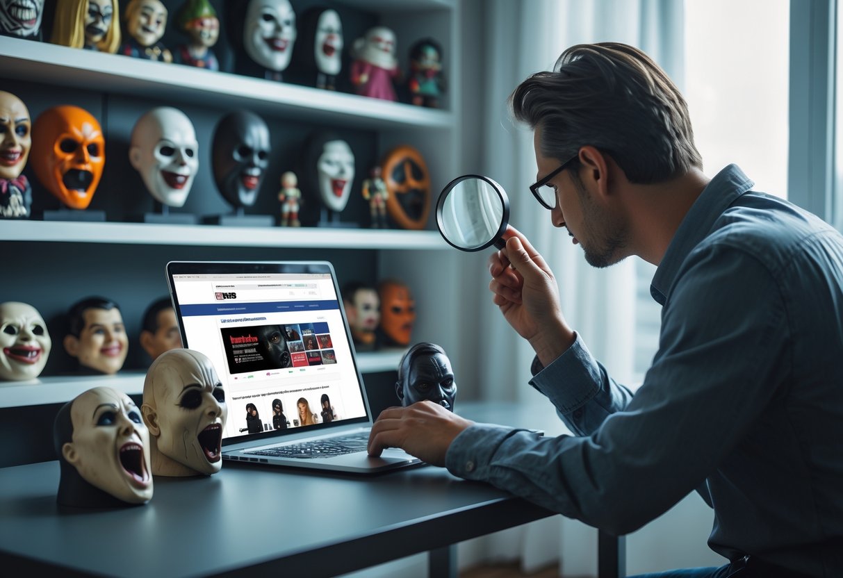Person examining horror collectibles with a magnifying glass at a desk with a laptop open to an online marketplace.