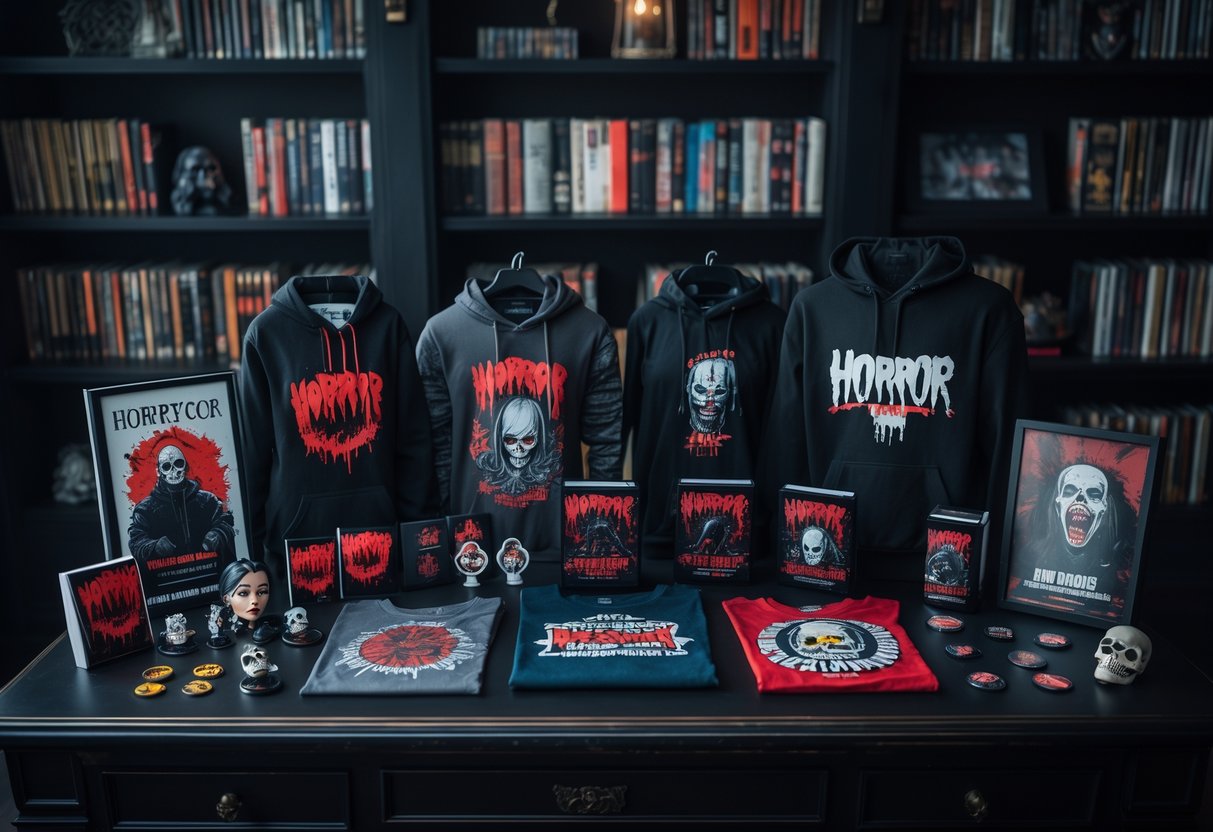 A neatly arranged collection of horror-themed merchandise including figurines, posters, apparel, and accessories displayed on a dark wooden table with shelves of horror books and DVDs in the background.