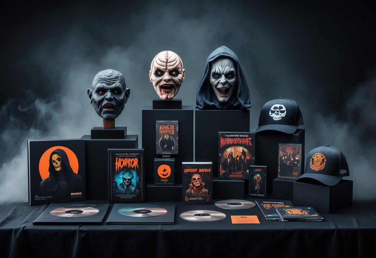 A display of various horror merchandise including action figures, masks, vinyl records, graphic novels, and apparel arranged on a dark surface with moody lighting and subtle fog in the background.