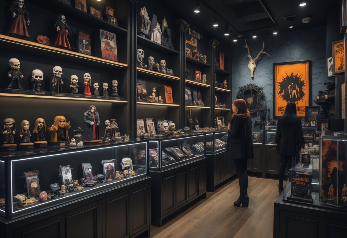 Interior of a boutique store displaying shelves filled with horror-themed collectibles and merchandise, with customers browsing the items.