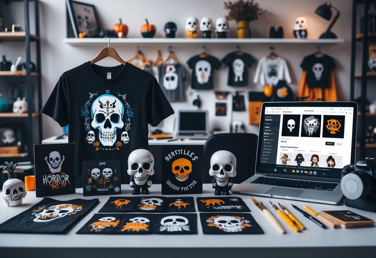 A workspace displaying a variety of horror-themed merchandise including figurines, t-shirts, pins, and art prints arranged on shelves and a table with creative tools nearby.