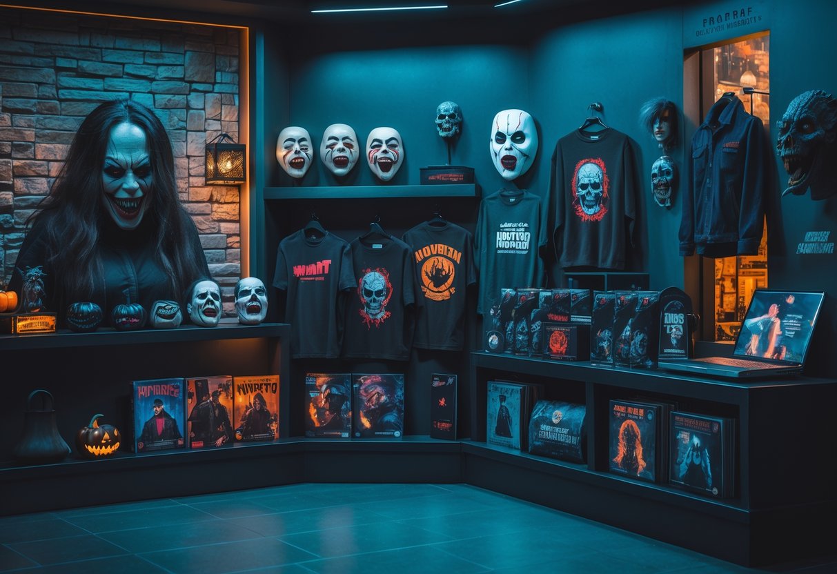 A display of various horror-themed collectibles and merchandise arranged on shelves and tables in a retail setting.